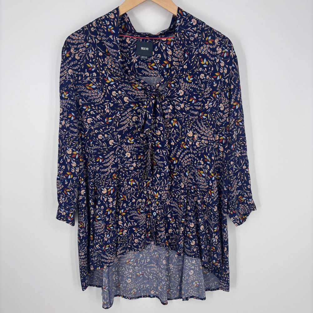 Maeve Blouse Womens Medium Blue Floral High Low Tie Neck Anthropologie Boho Top